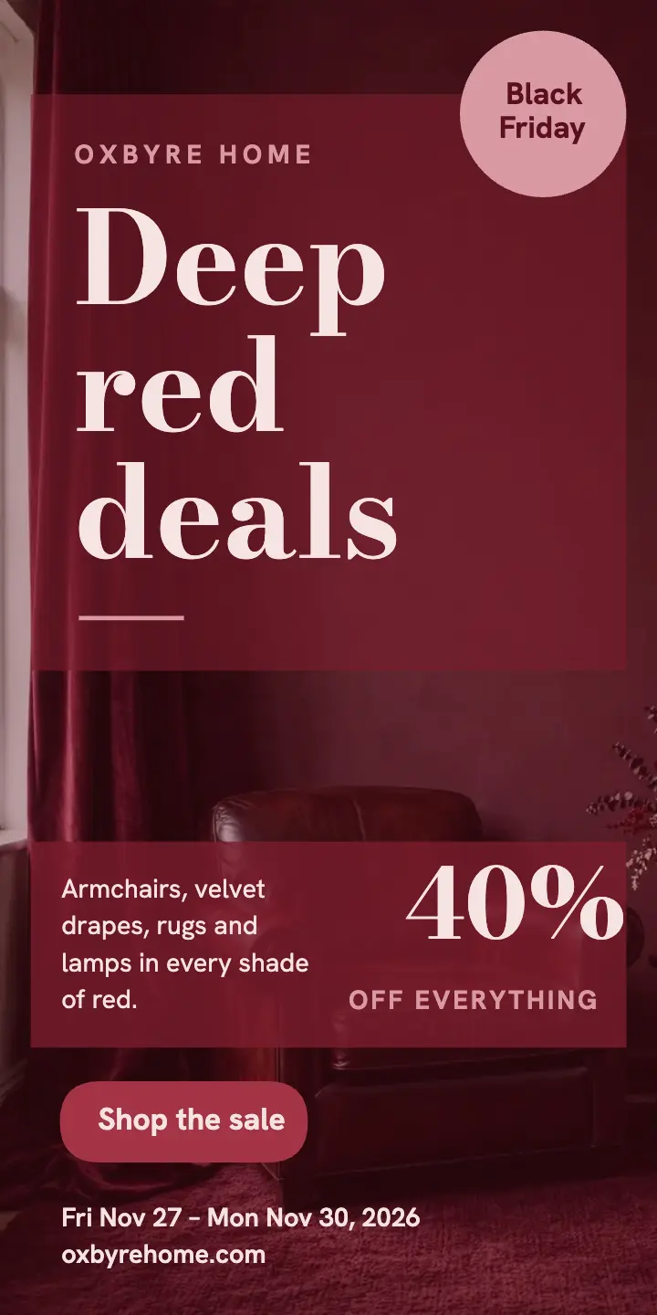 Oxbyre Home Black Friday half-page ad, oxblood template