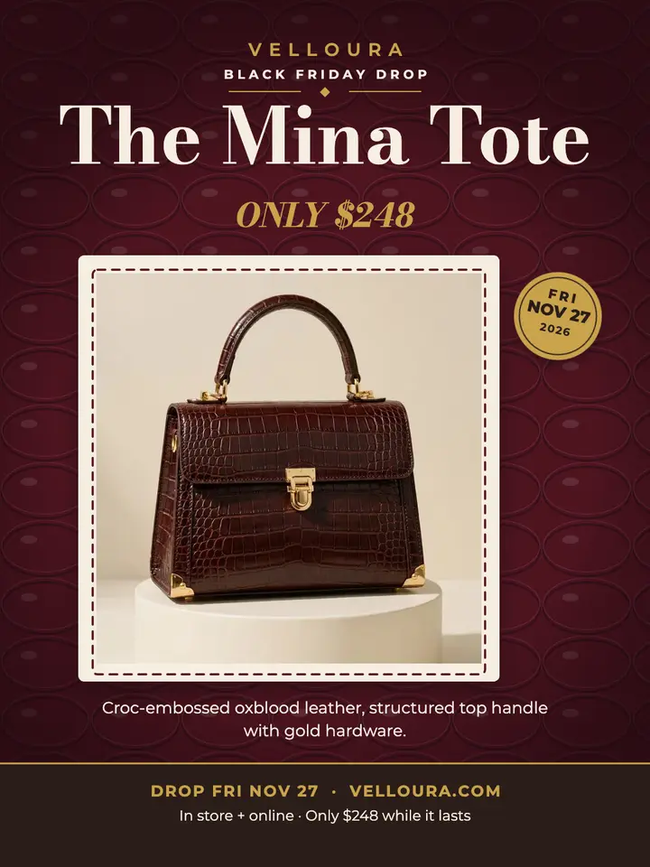 Velloura Mina Tote drop portrait: handbag drop post template