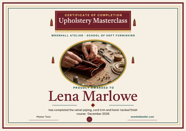 Wrenhall Upholstery Masterclass Certificate template