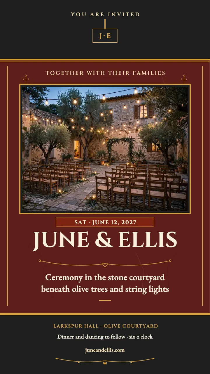 June and Ellis villa wedding story: wedding invitation story template