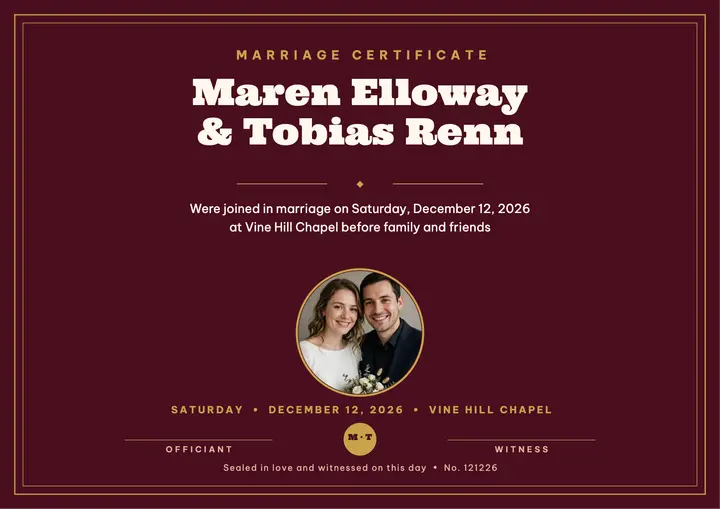 Oxblood marriage certificate with couple portrait template
