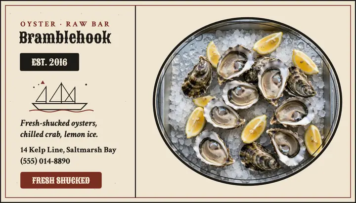 Bramblehook Raw Bar scrimshaw card: oyster bar business card template
