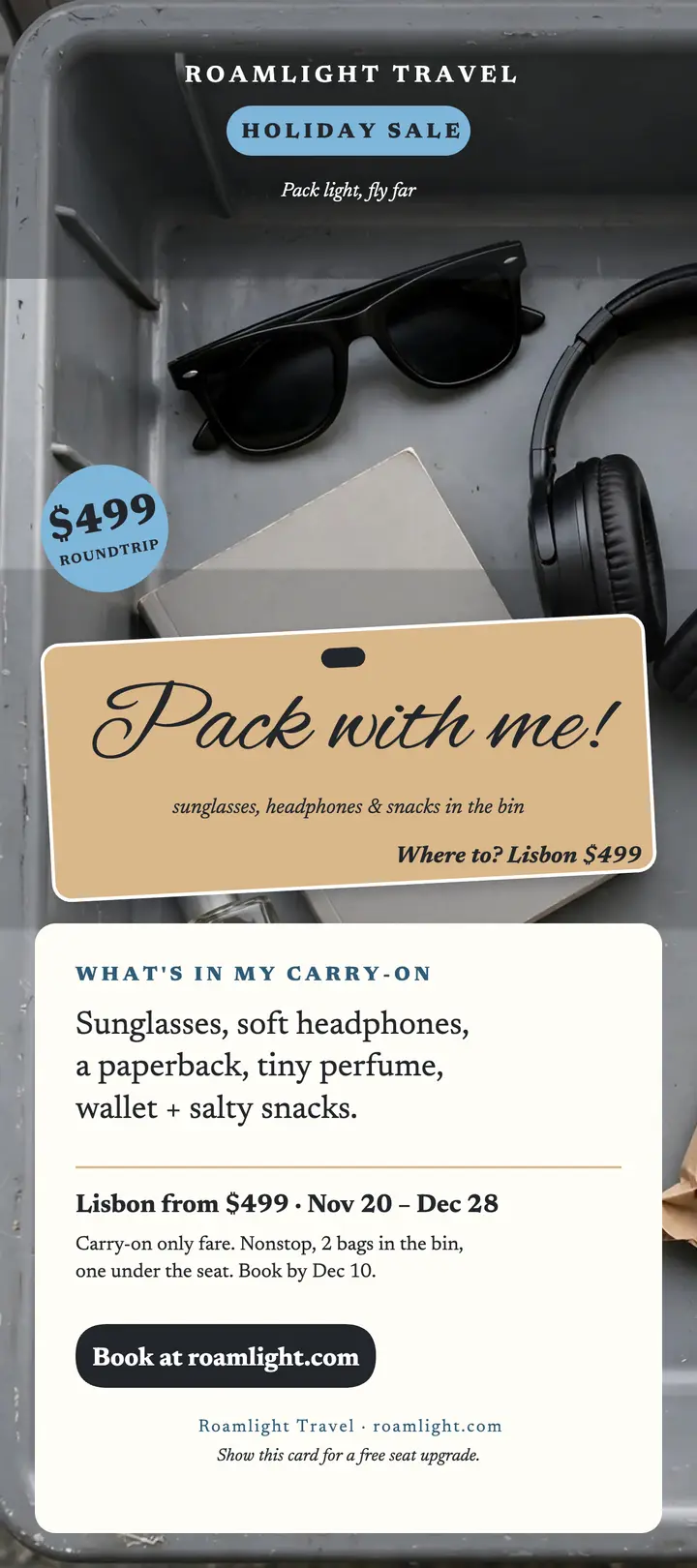 Roamlight pack with me holiday rack card template