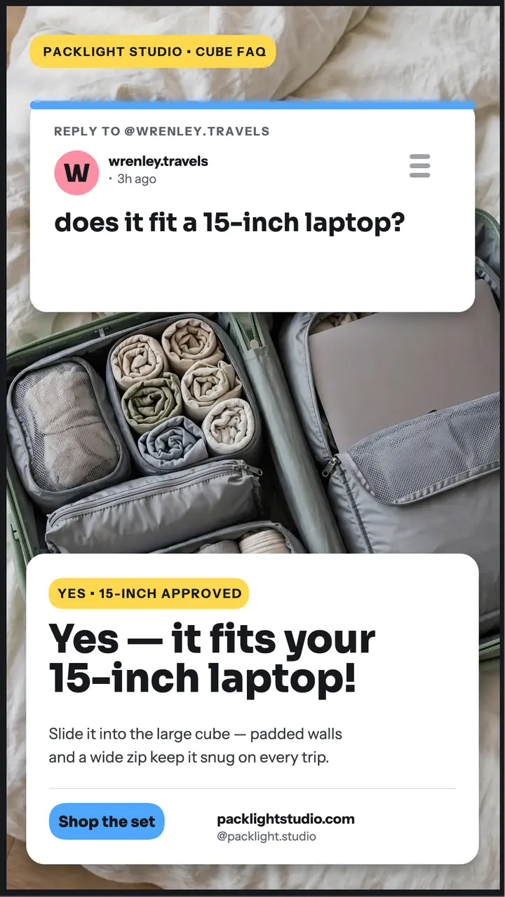 Packlight packing cubes laptop reply story template