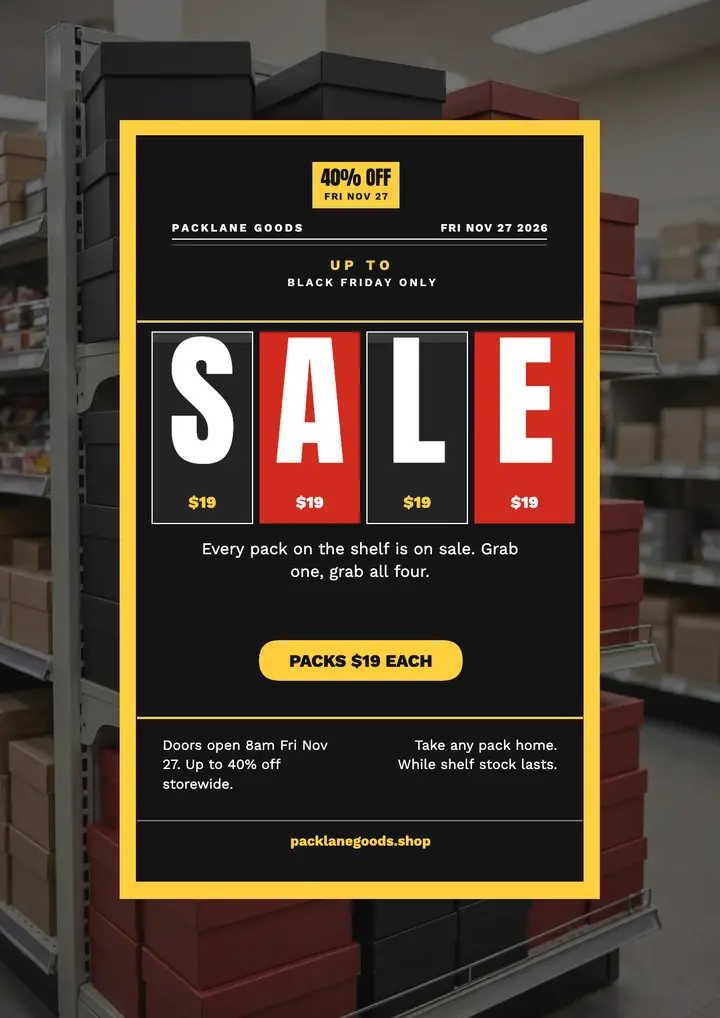 Packlane Goods Black Friday shelf flyer template
