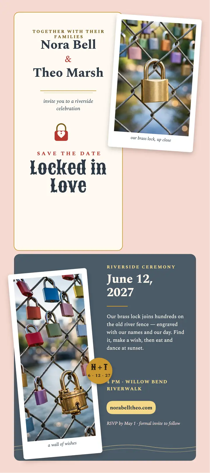 Nora Bell and Theo Marsh padlock save the date: save the date rack card template