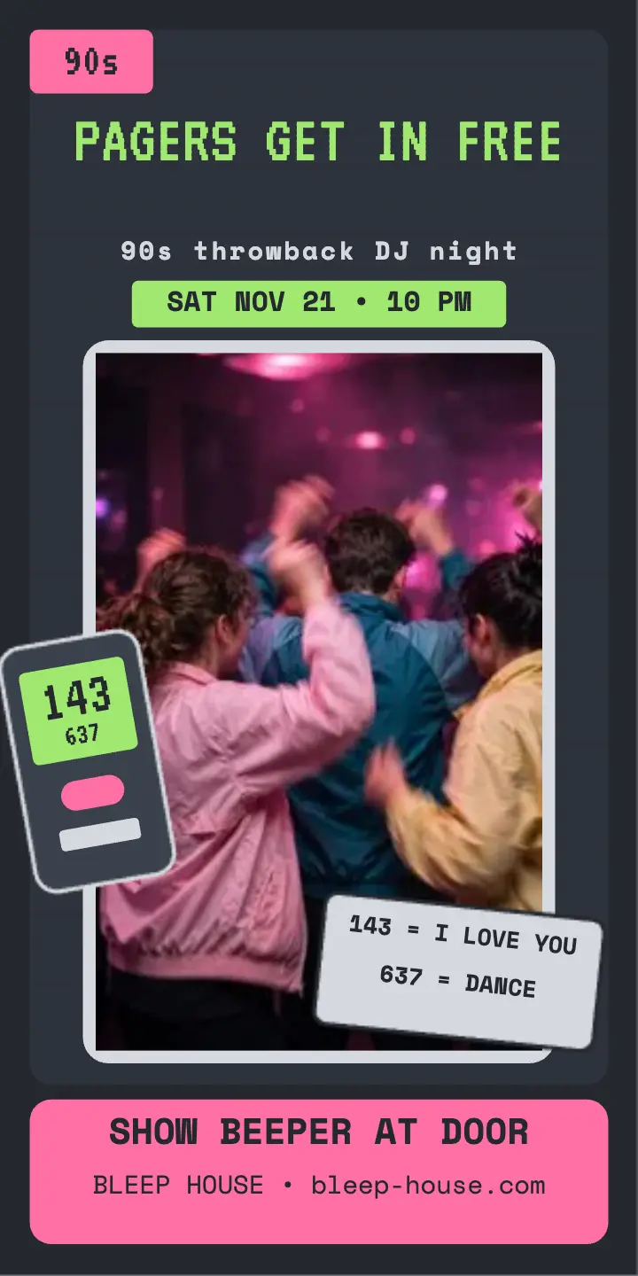 Bleep House 90s DJ night pager ad template