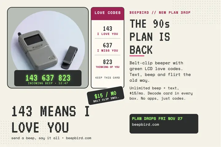 Beepbird 90s beeper plan postcard: beeper plan postcard template