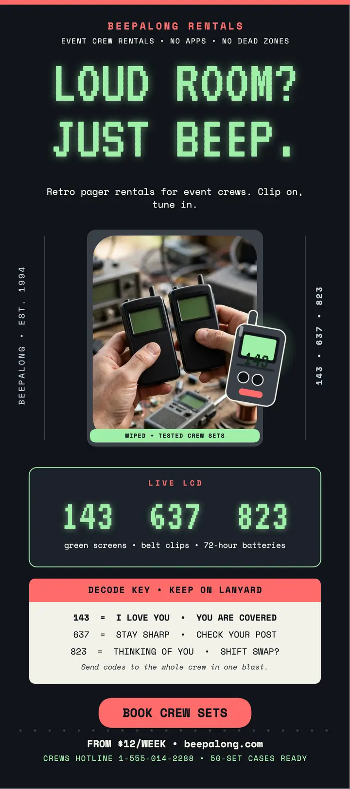 Beepalong crew pager rental rack card template