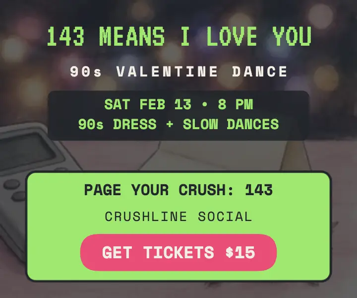 Crushline 90s Valentine dance pager ad: valentine dance ad template