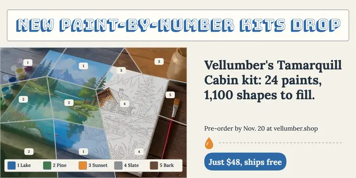 Paint-by-number kit drop, lakeside cabin template