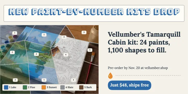 Paint-by-number kit drop, lakeside cabin template