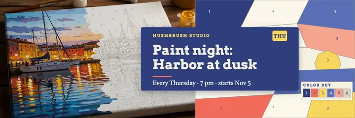 Hushbrush Studio paint night header, paint-by-number template