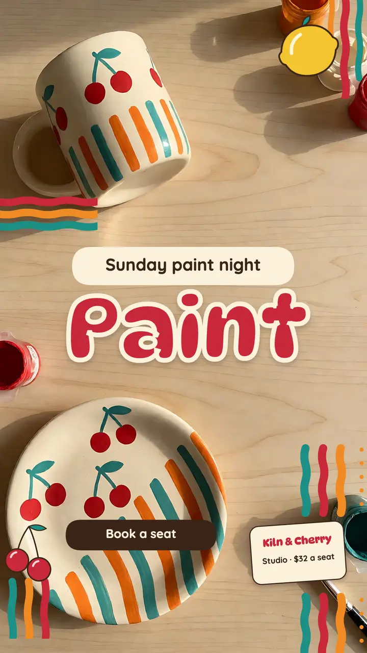 Kiln & Cherry Studio paint night story: pottery painting night story template