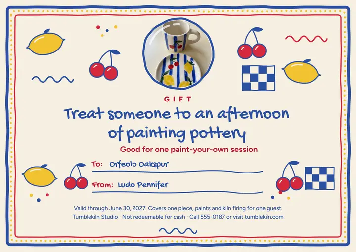 Paint-your-own pottery studio gift certificate template