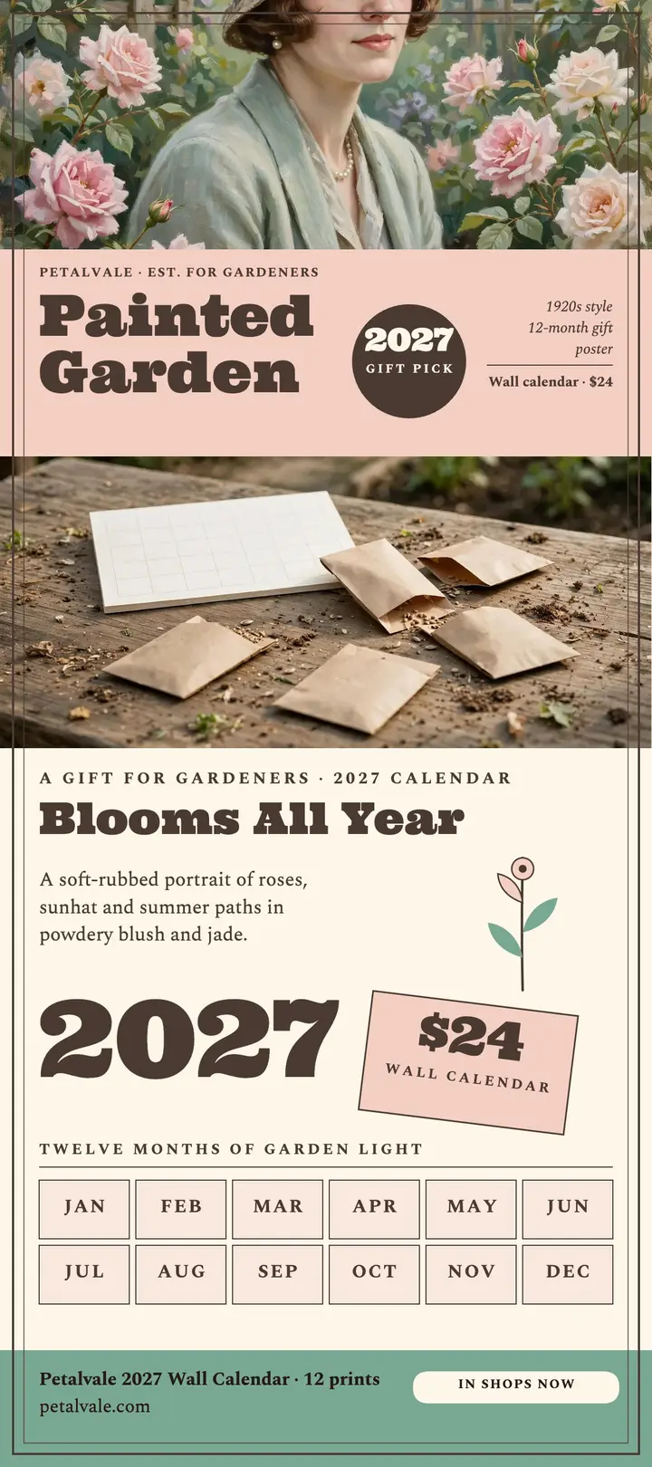 Petalvale painted garden 2027 calendar card: 2027 calendar rack card template