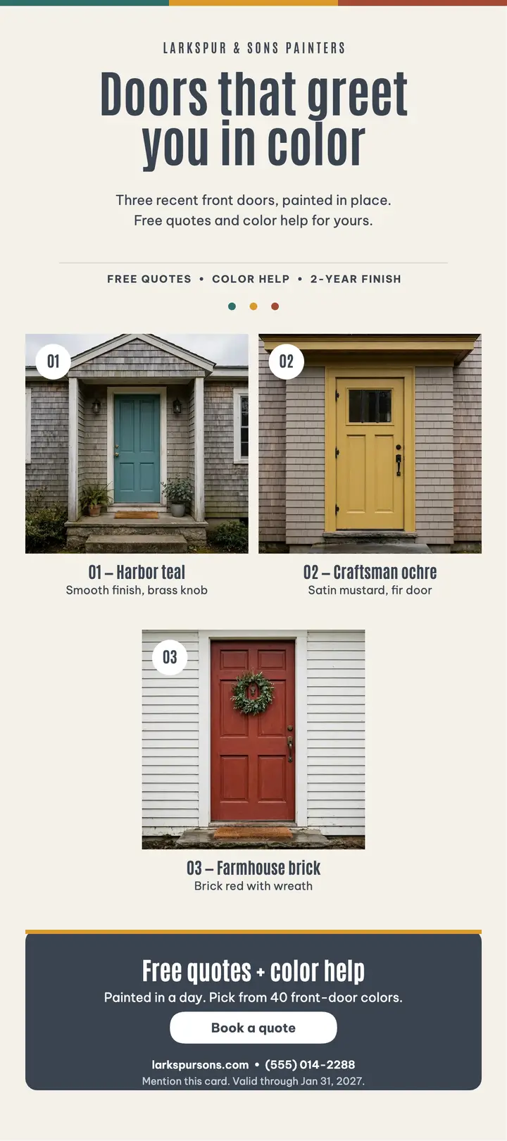 Larkspur painted doors rack card template