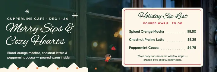 Cupperline painted holiday window drink menu header template