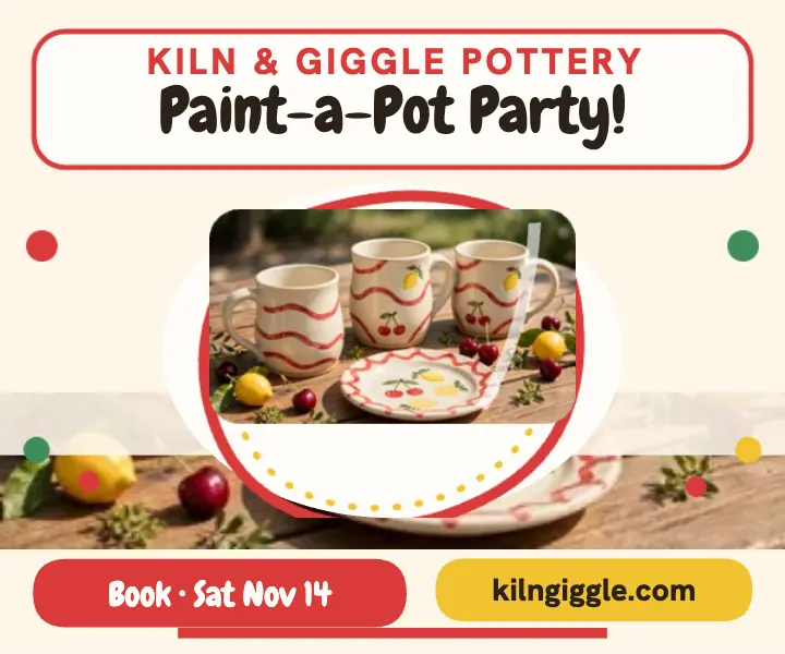 Kiln and Giggle pottery party ad: pottery birthday party ad template