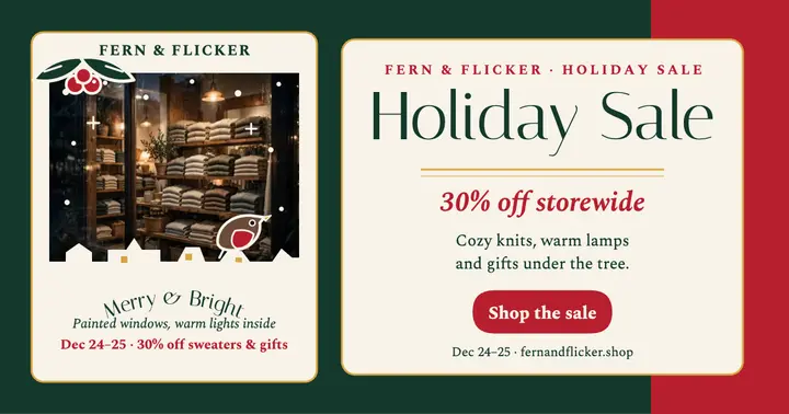 Fern and Flicker holiday sale, painted window: holiday sale post template