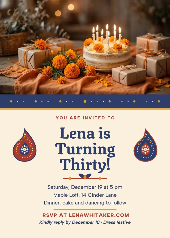 Lena Whitaker 30th birthday paisley invitation template
