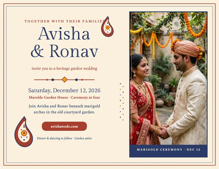 Avisha and Ronav garden wedding invitation: garden wedding invitation template