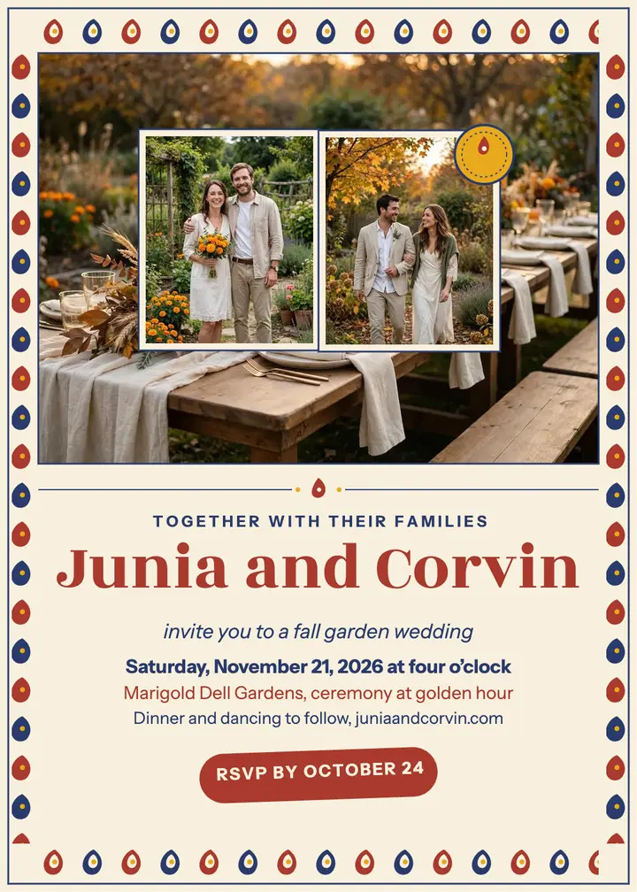 Junia and Corvin fall garden wedding invite: garden wedding invitation template