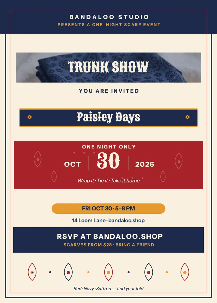 Bandaloo paisley scarf trunk show invite template