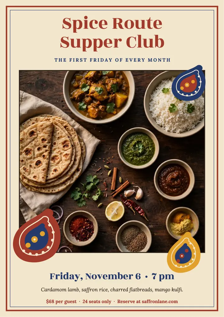 Saffron Lane Spice Route supper club flyer: supper club flyer template