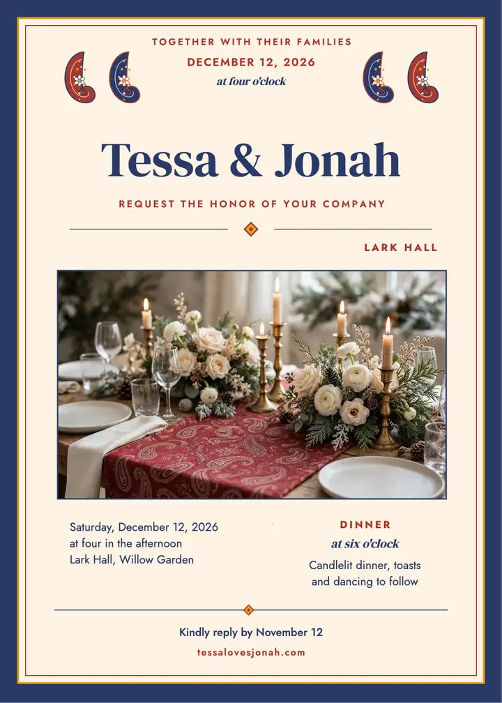 Tessa and Jonah paisley winter invitation template