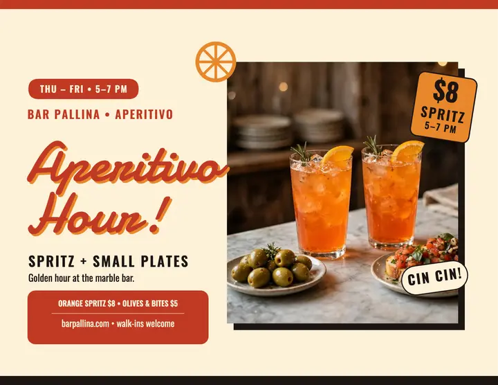 Bar Pallina aperitivo hour flyer: aperitivo hour flyer template