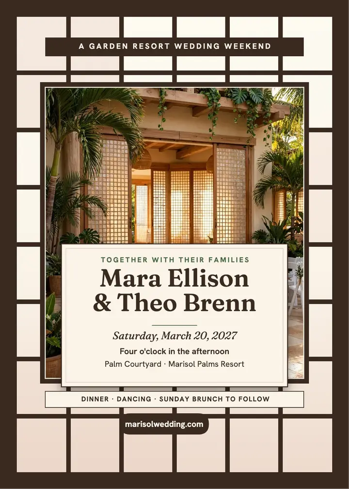 Mara and Theo palm courtyard wedding invitation template