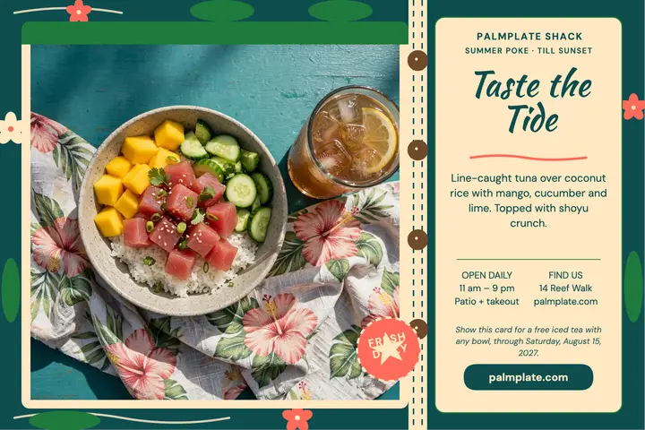 Palmplate Shack poke bowl postcard: beach grill postcard template