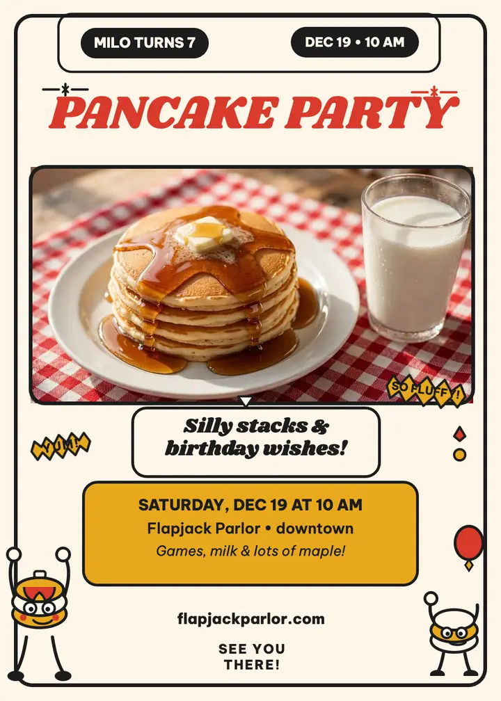 Milo's pancake parlor birthday invitation: pancake birthday invitation template
