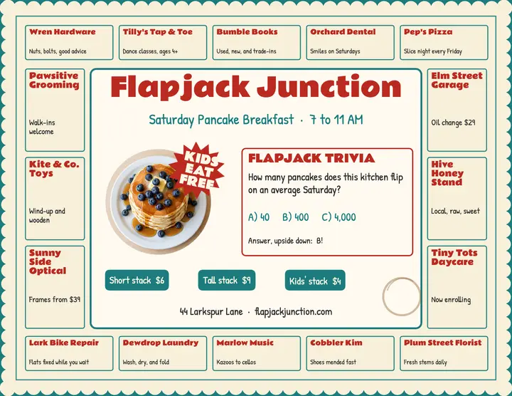 Flapjack Junction paper diner placemat template