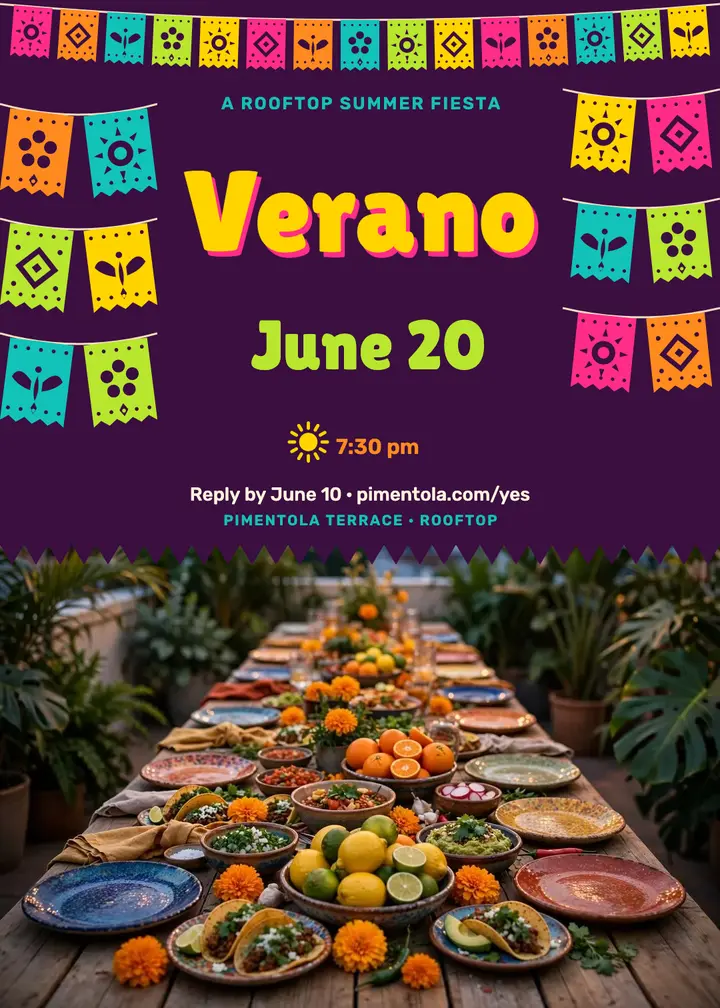 Verano rooftop fiesta invitation, papel picado template