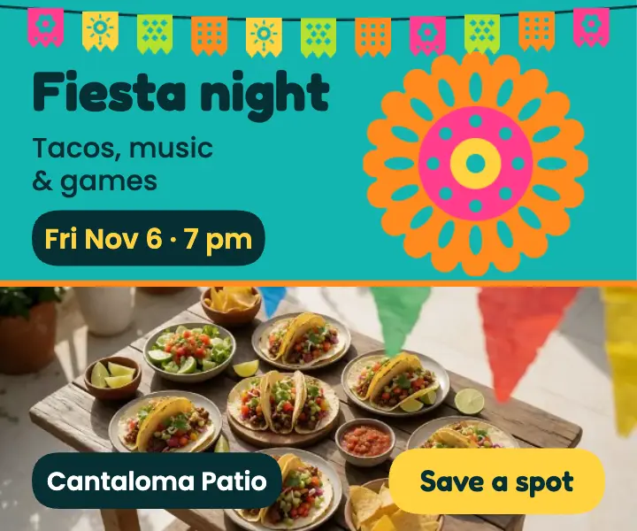 Cantaloma Patio fiesta night ad, papel picado template