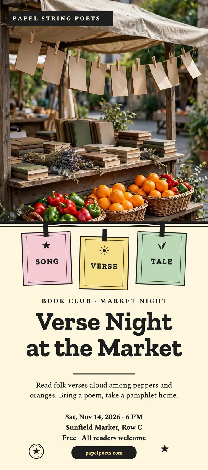 Papel String Poets verse night rack card: poetry book club rack card template