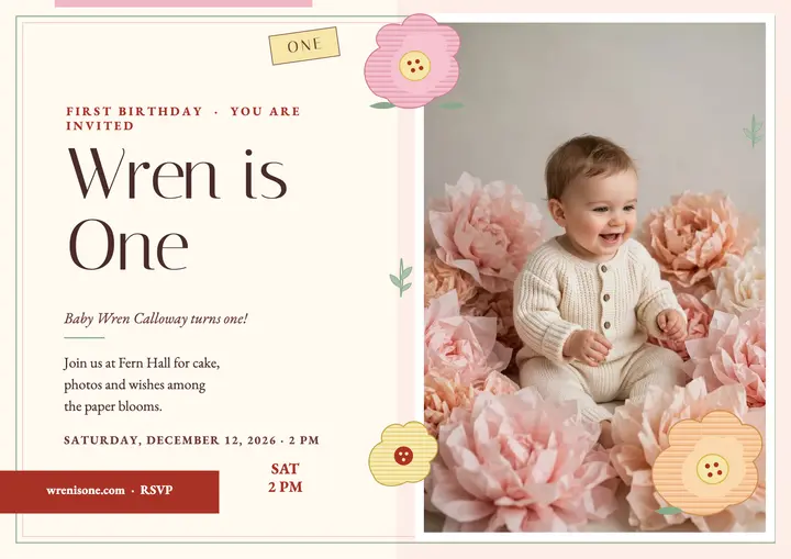 Wren is One paper bloom invite: first birthday invite template