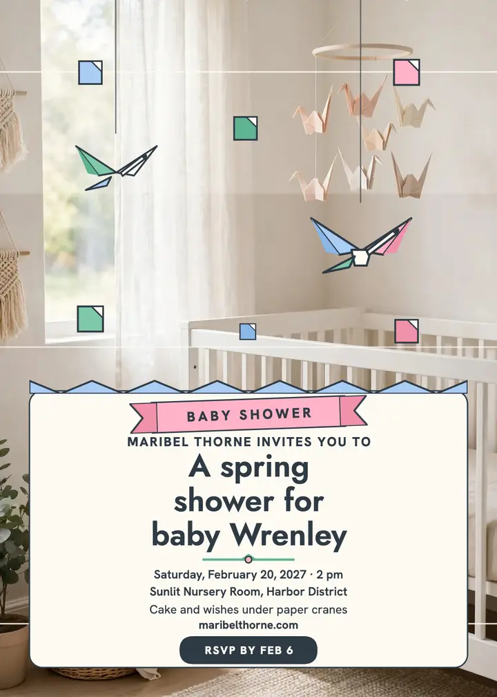 Paper crane spring baby shower invite template