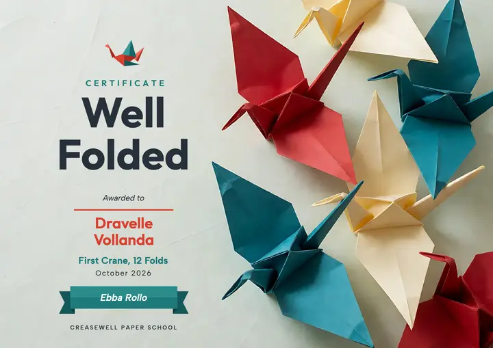 Paper crane course certificate, origami fold template