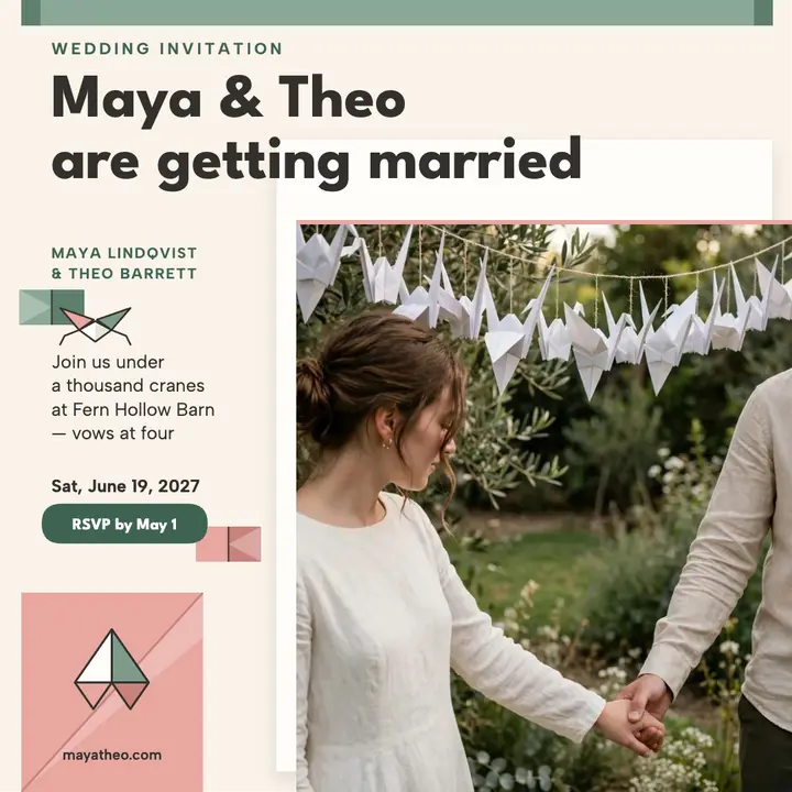 Paper crane wedding invitation, garden barn: paper crane wedding invitation template