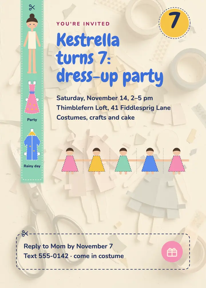 Kestrella turns 7 paper doll dress-up birthday invitation template