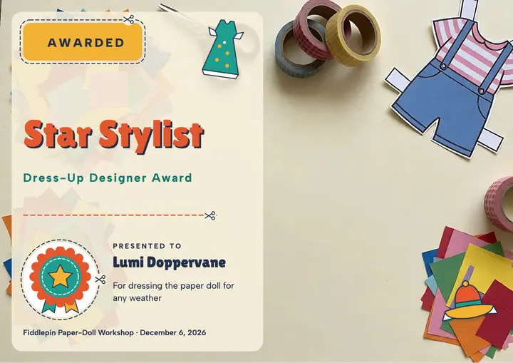 Paper doll dress-up designer certificate template