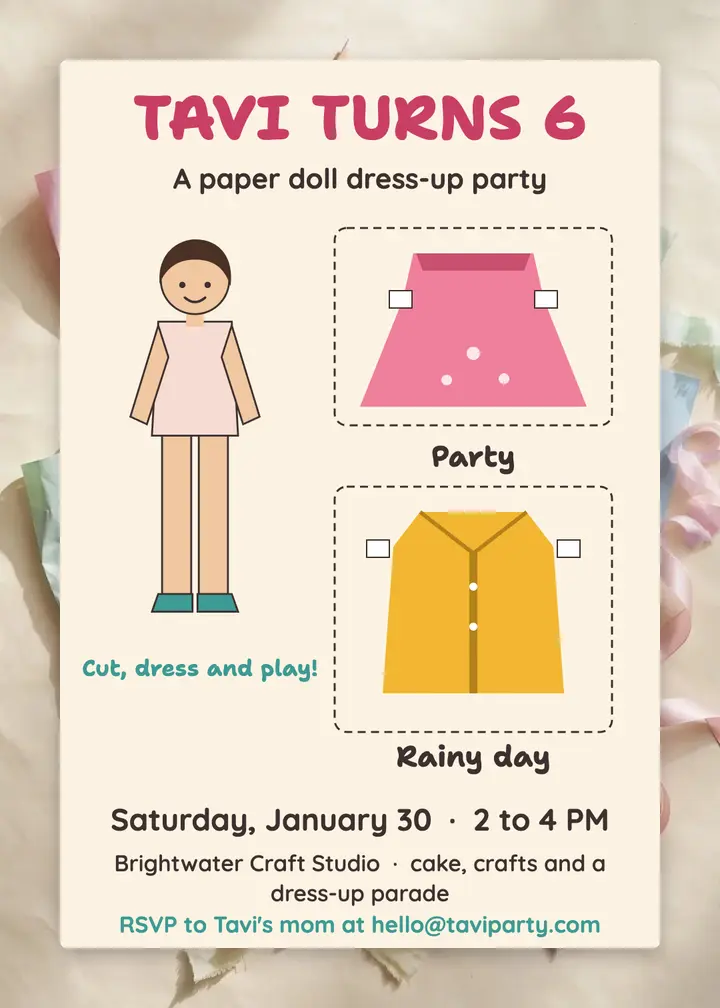 Tavi turns six paper doll party invitation: paper doll birthday invitation template