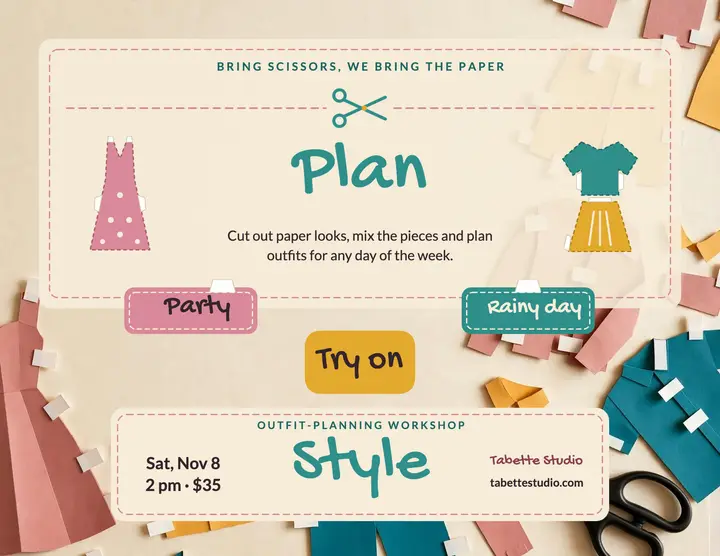 Paper doll styling workshop flyer, Tabette Studio: styling workshop flyer template