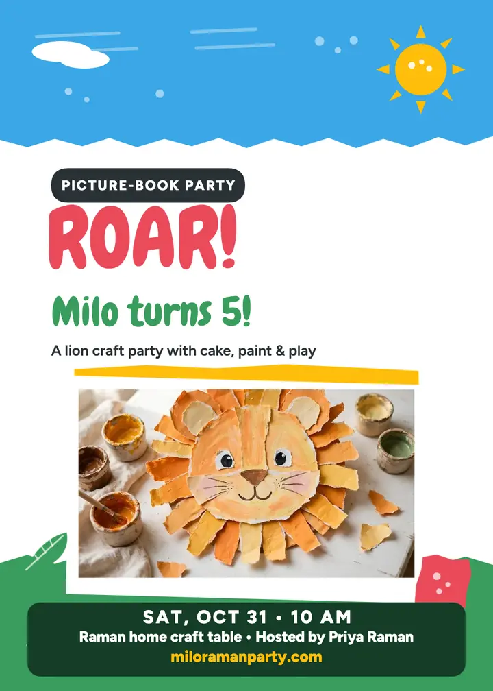 Milo's paper lion birthday invitation: birthday party invitation template