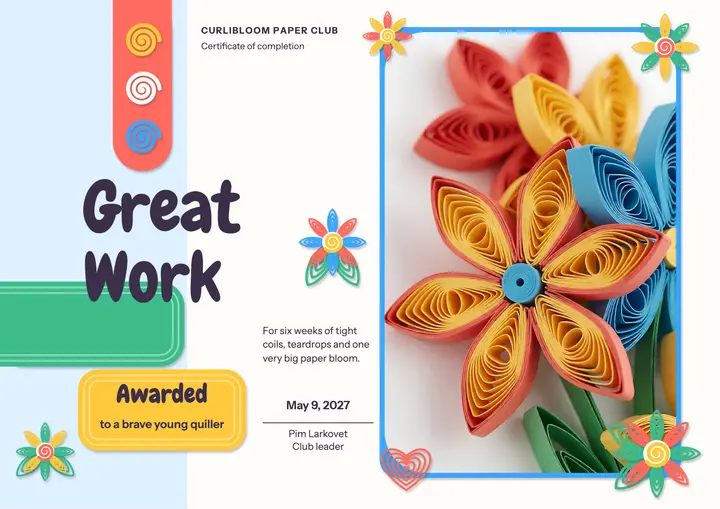 Curlibloom paper quilling class certificate template