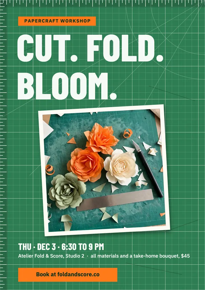 Fold and Score paper flower workshop flyer: papercraft workshop flyer template