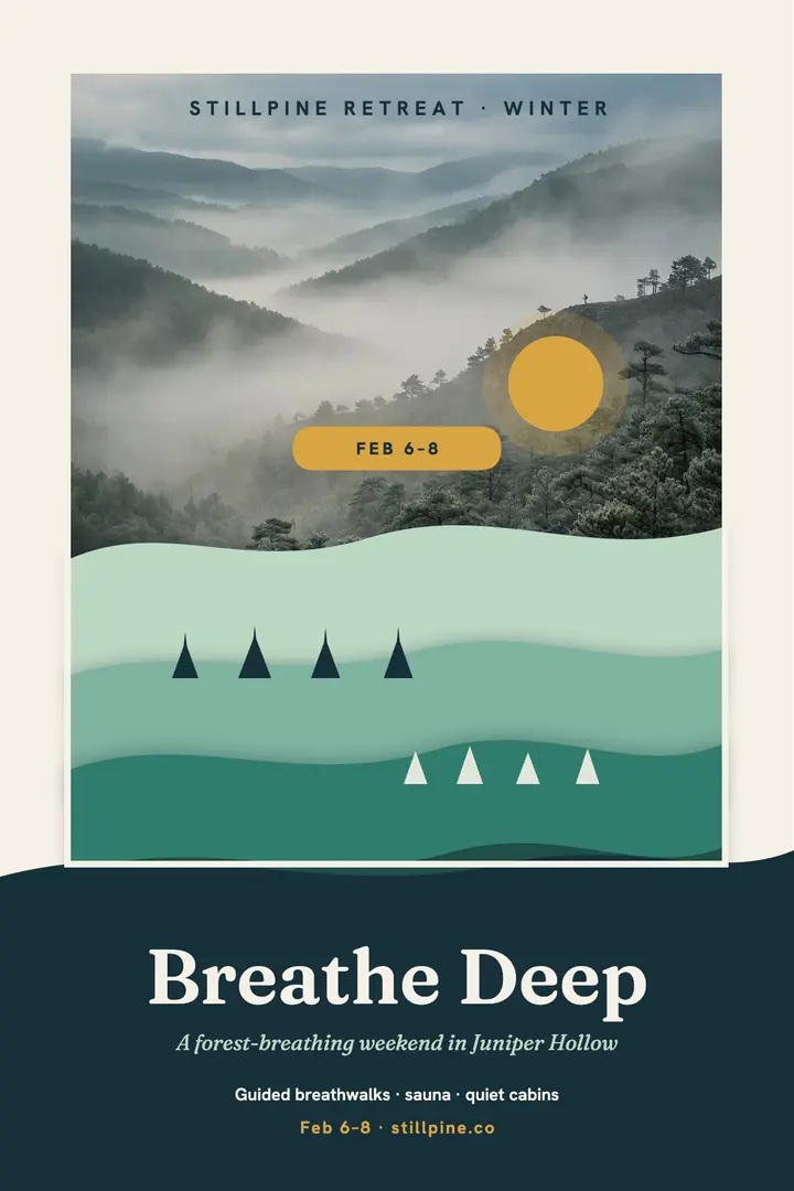 Stillpine forest-breathing retreat poster template